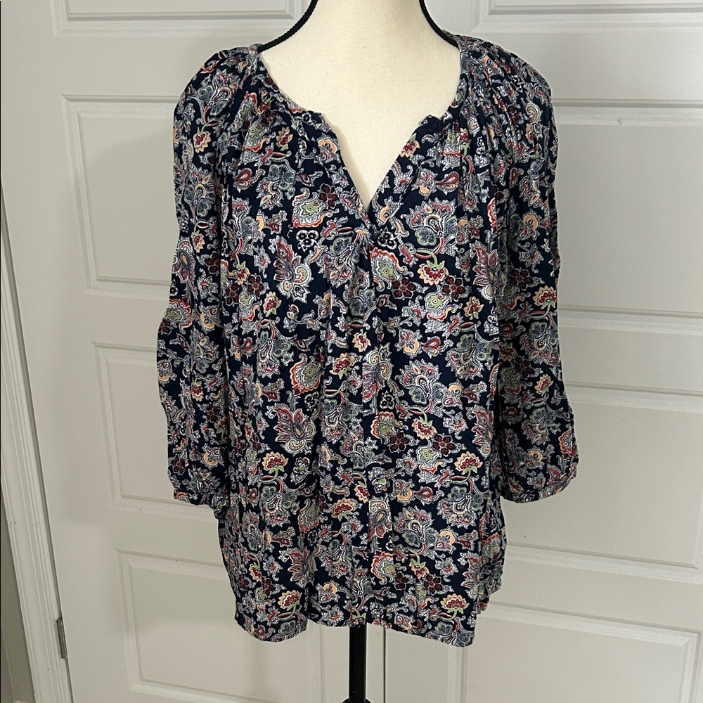 Adrienne Vittadini Women Vibrant Floral Paisley Patterned Blouse 3/4 Sleeve XL
